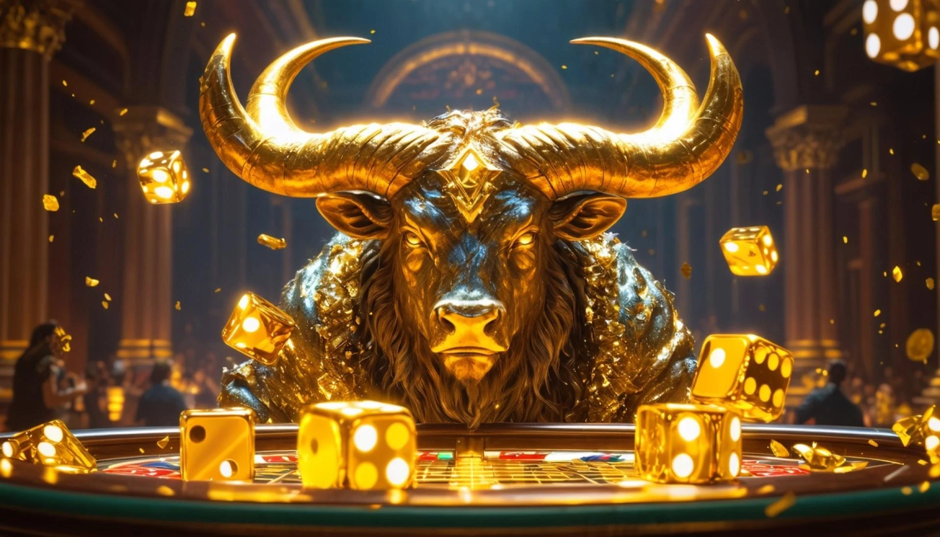 Minotaure doré dans un casino opulent avec dés lumineux.