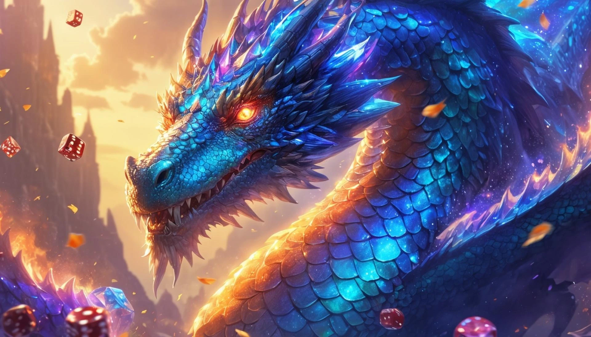 Dragon colossal mystique avec éléments de casino magique.