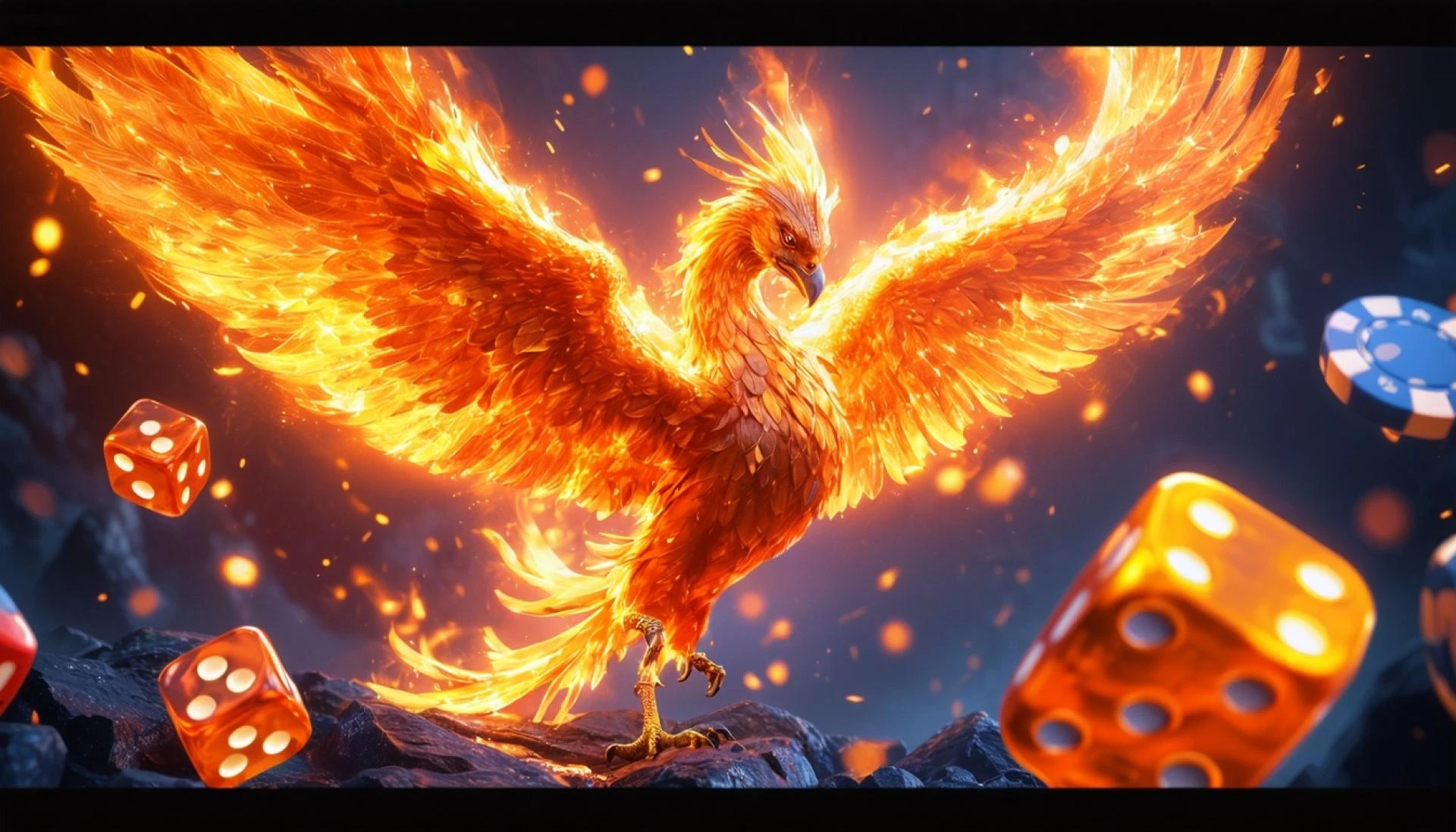 Majestic Phoenix avec dés lumineux, cartes et jetons casino.