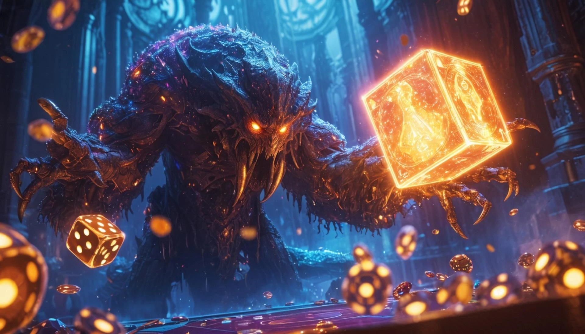 Créature Drachnoïd, dés lumineux, cartes, jetons de casino enchanteurs.