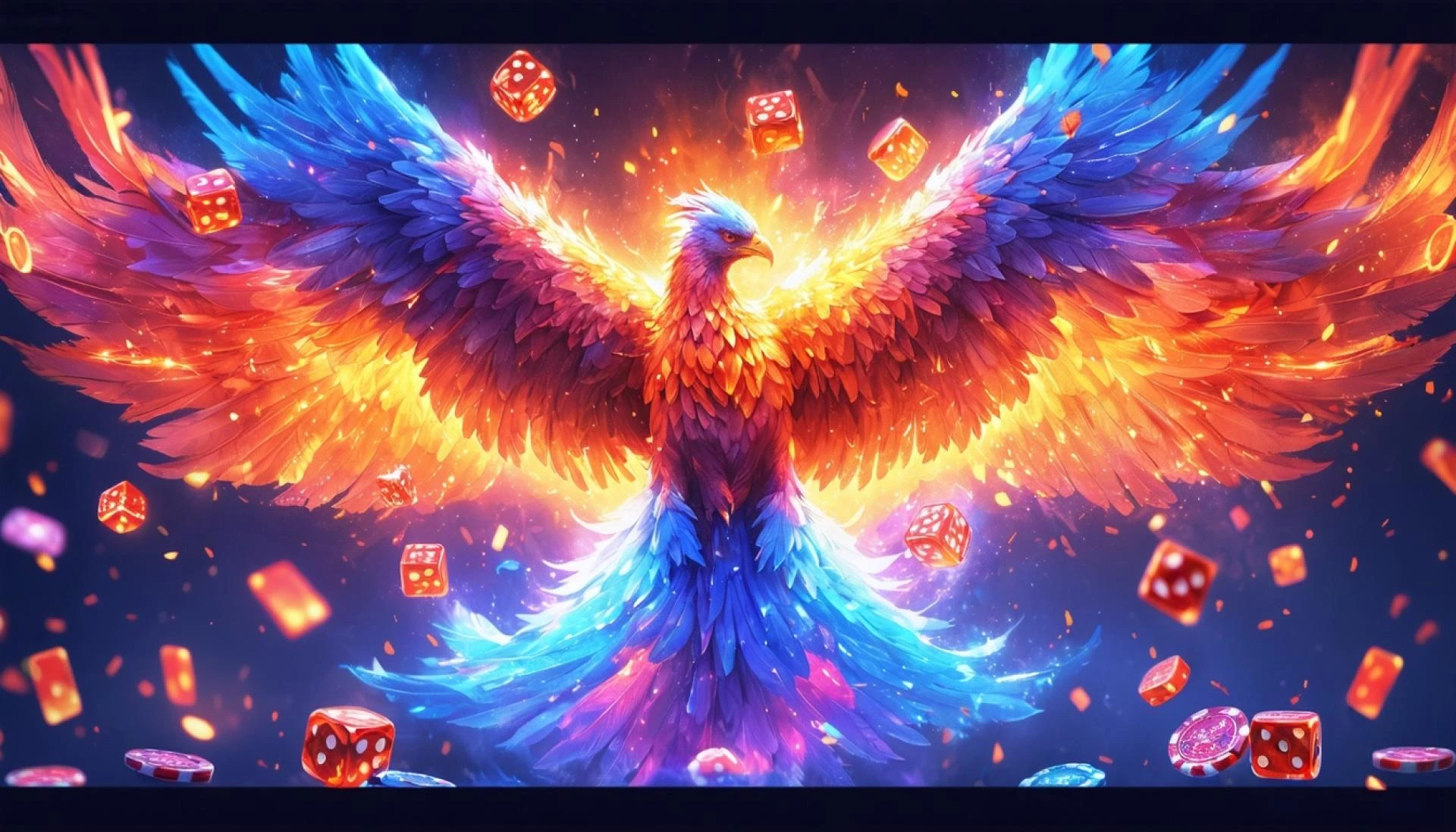 Phoenix majestueux entouré de dés brillants et jetons de casino.