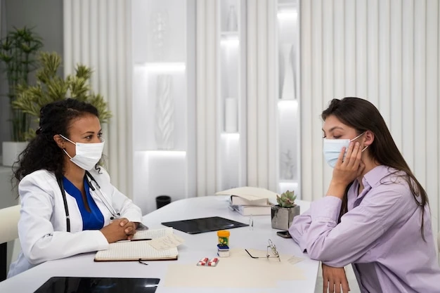 Side view doctor and patient wearing masks