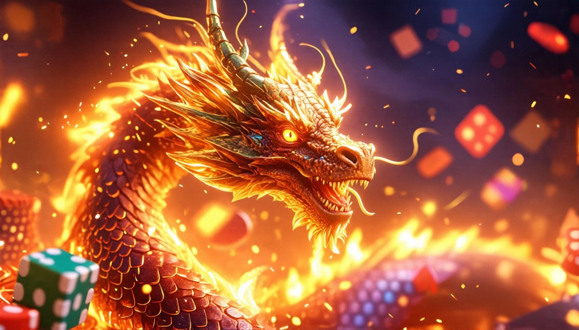 Dragão místico com dados brilhantes e fichas de cassino.