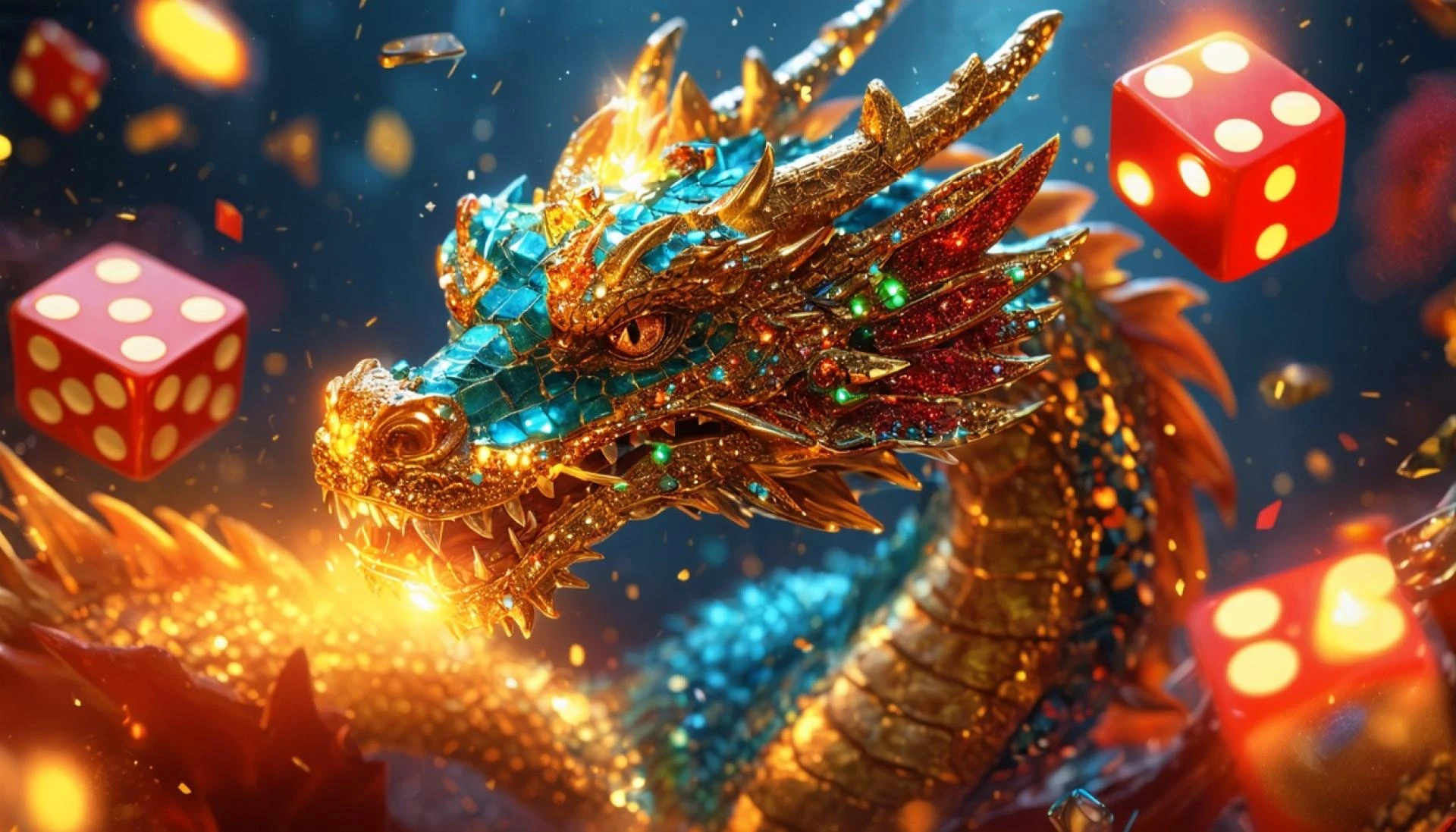 Dragon mystique incrusté de bijoux entouré d\'éléments de casino.