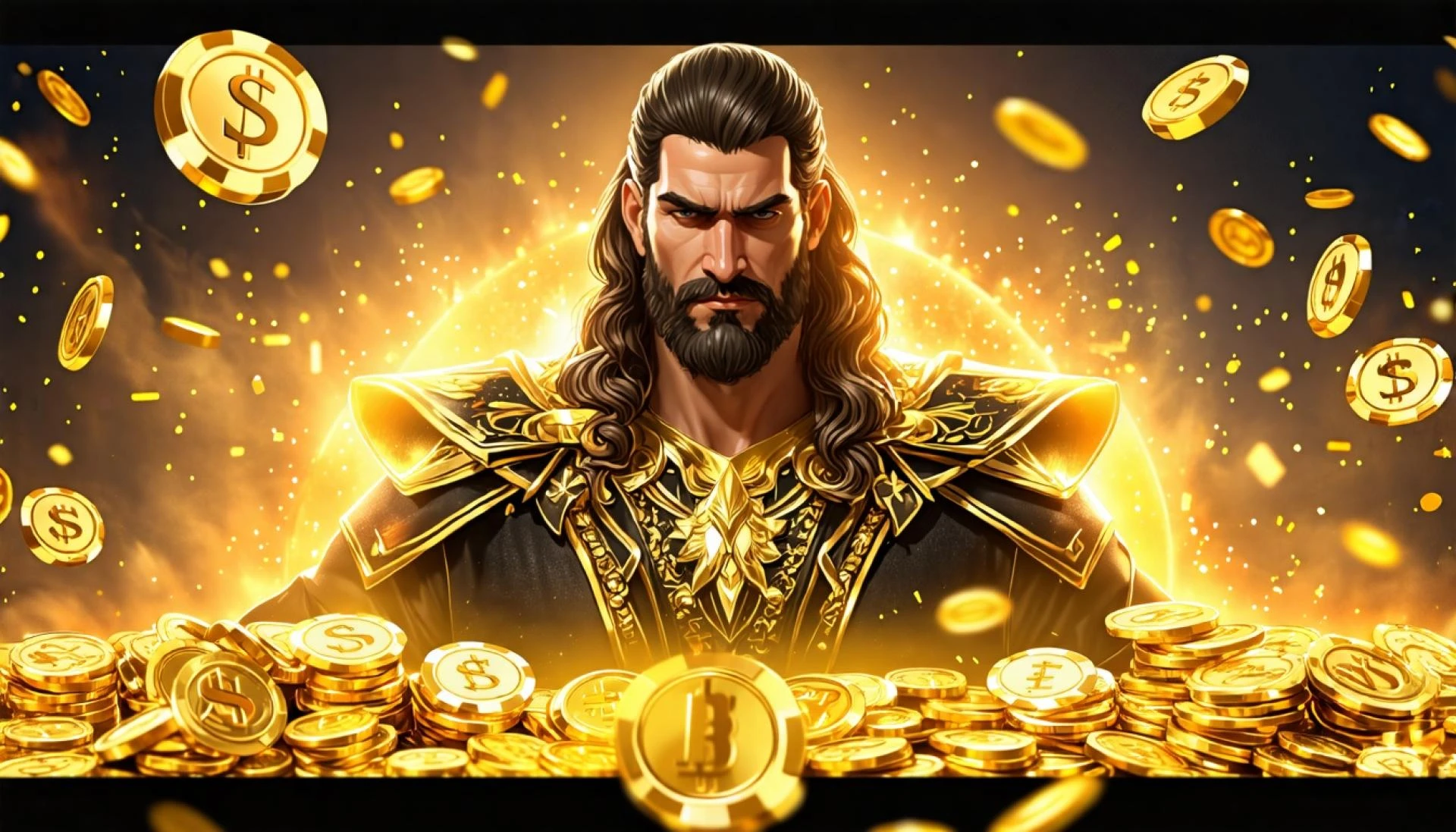 Roi Midas entouré de pièces d\'or et cartes de poker