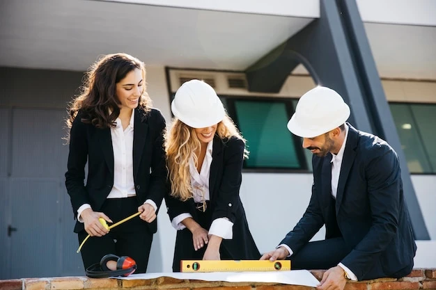 Architects wearing helmets with plan