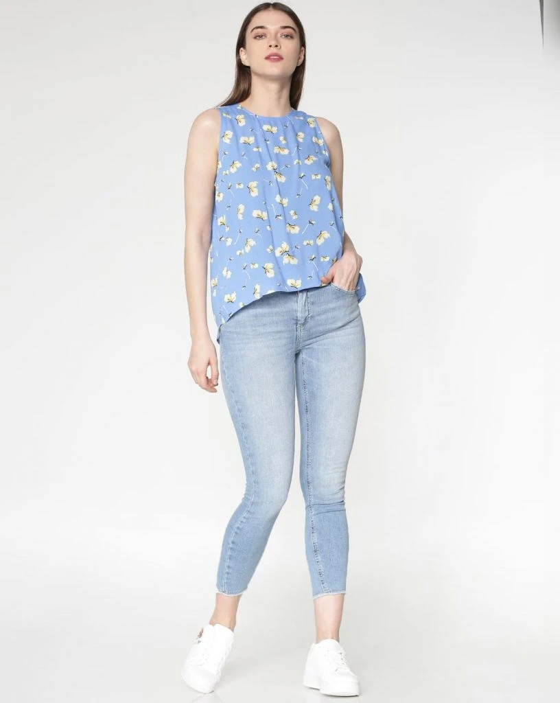 blue all over floral print high low top for girls