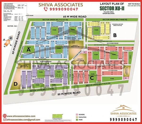 High-resolution layout map of Sector XU-2, Greater Noida, provided by Shiva Associates, showing roads, parks, and key landmarks.