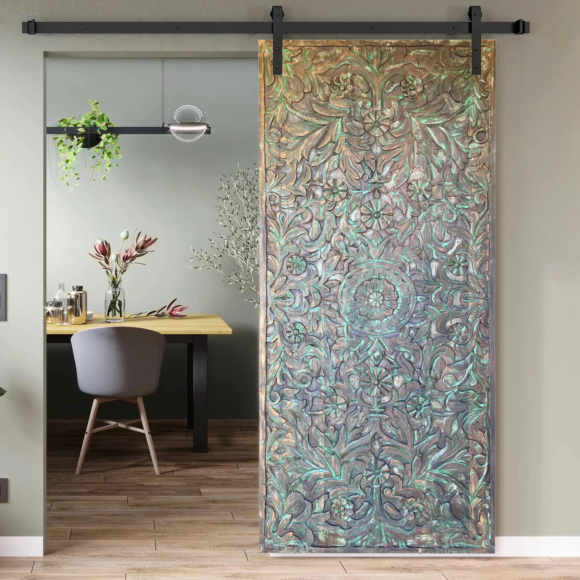 Rustic Modern Coastal: Carved Doors in Raw Woods with a Pop of Color
