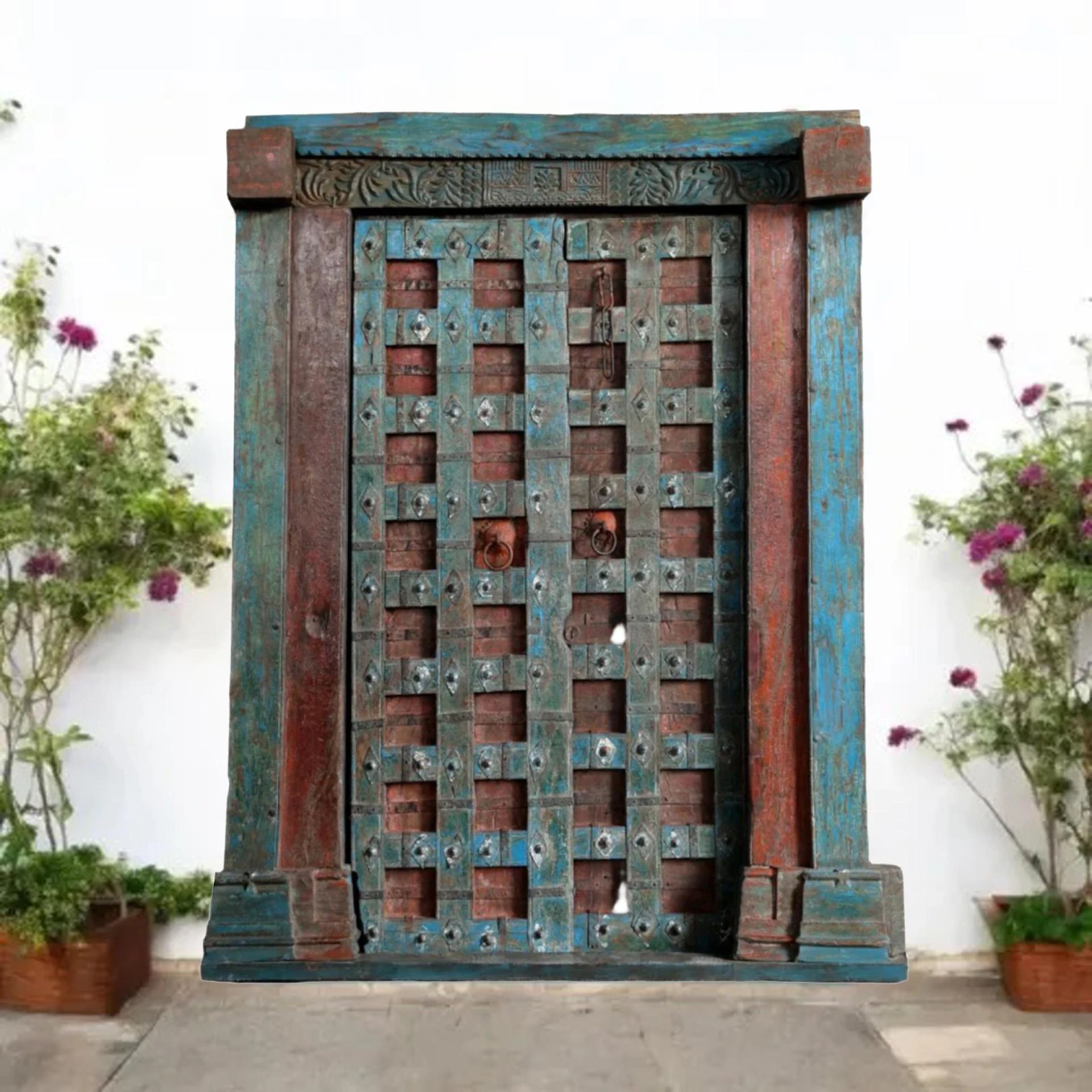 Rustic Modern Coastal: Carved Doors in Raw Woods with a Pop of Color