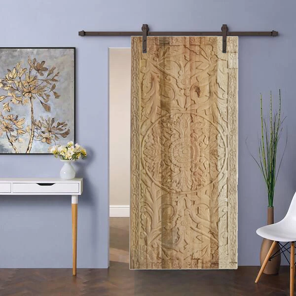 Rustic Modern Coastal: Carved Doors in Raw Woods with a Pop of Color
