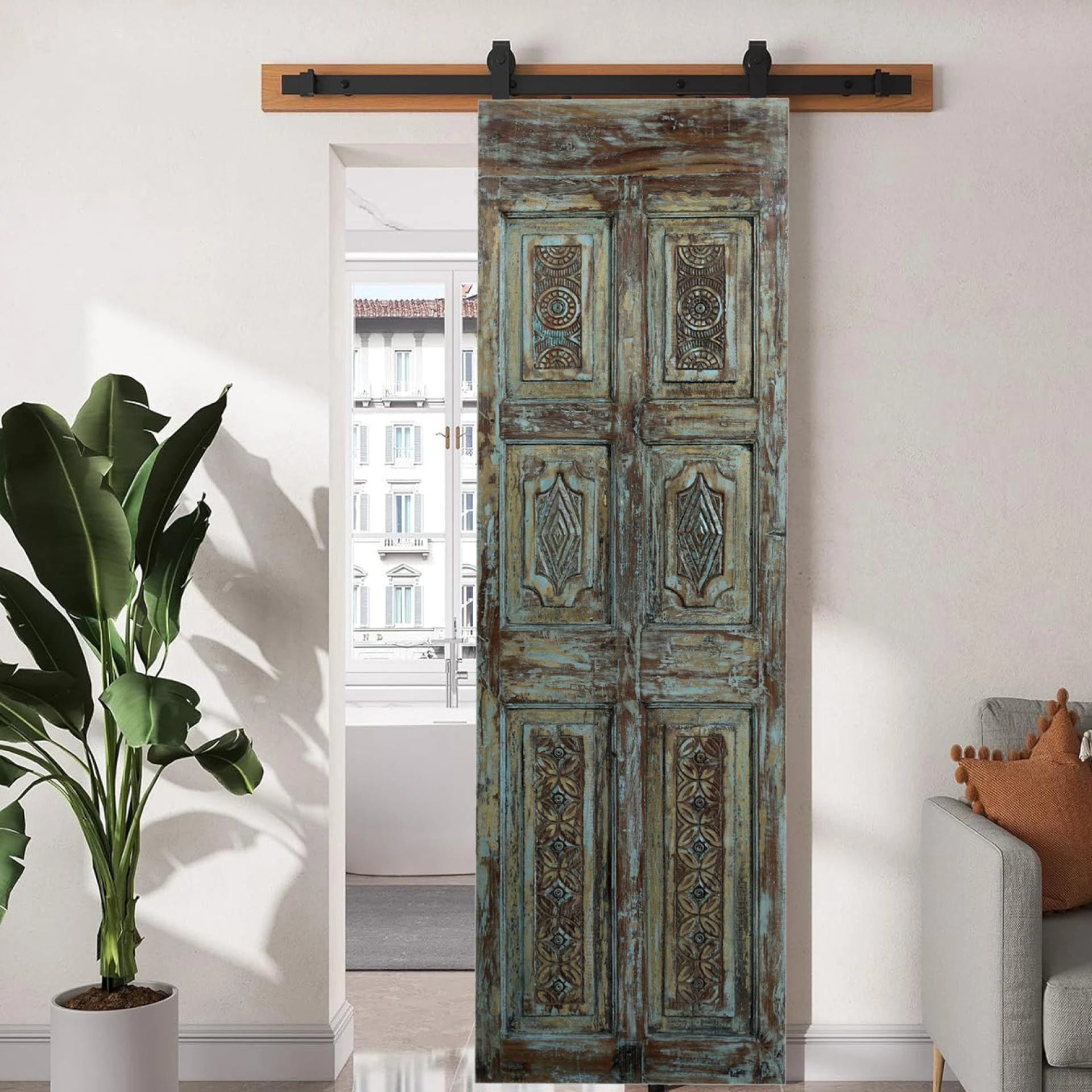 Rustic Modern Coastal: Carved Doors in Raw Woods with a Pop of Color