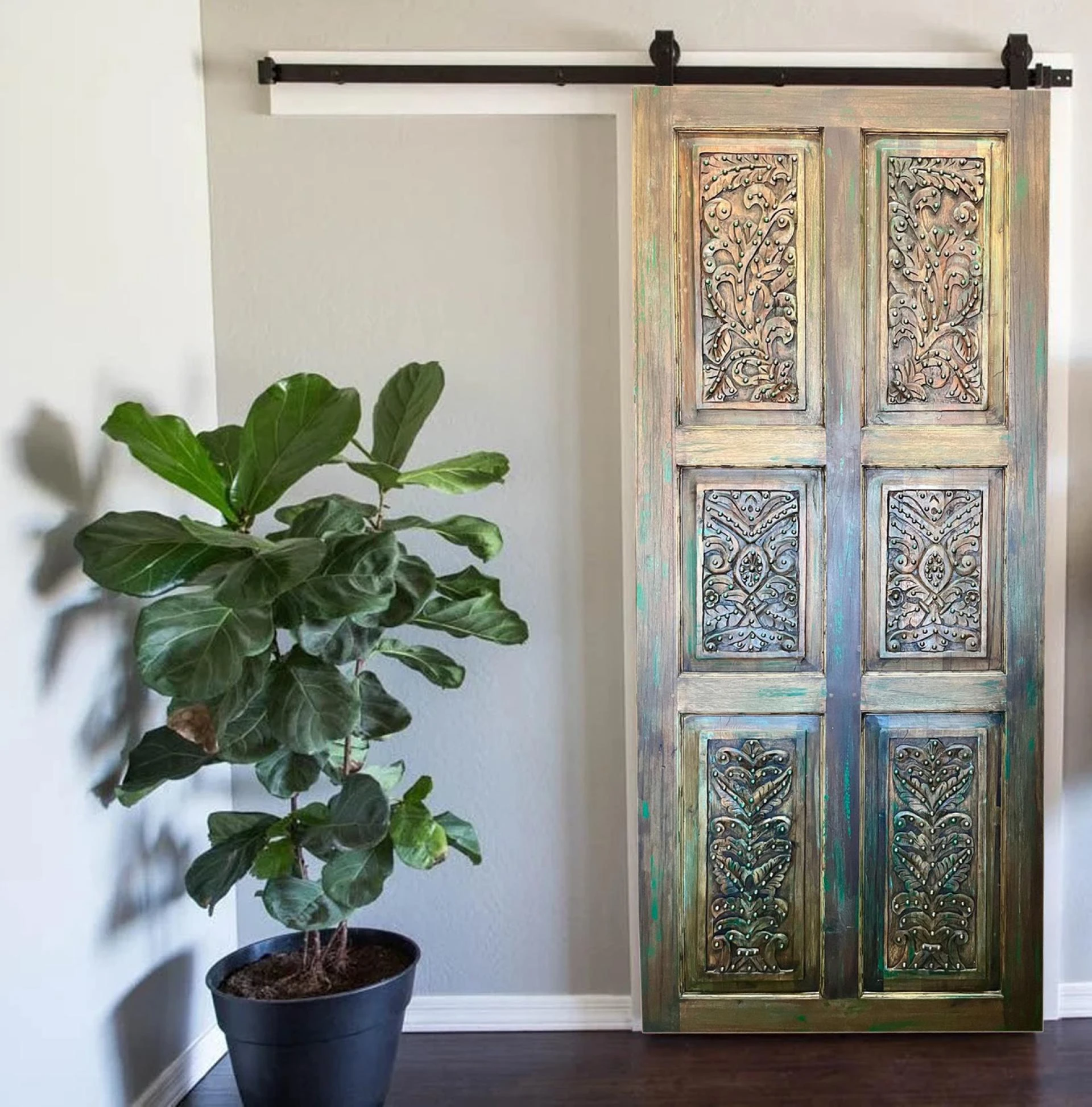Rustic Modern Coastal: Carved Doors in Raw Woods with a Pop of Color