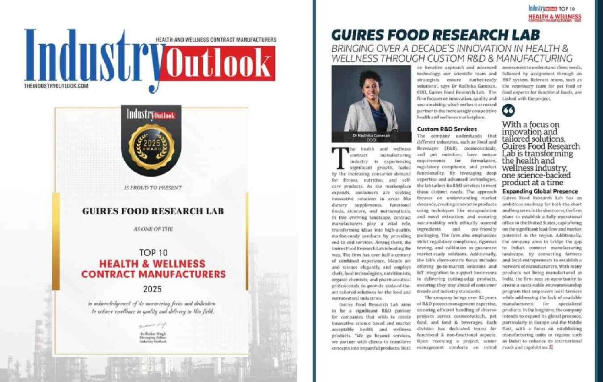 Guires Food Research Lab Named Among Top 10 Companies in Industrial Magazine 2025