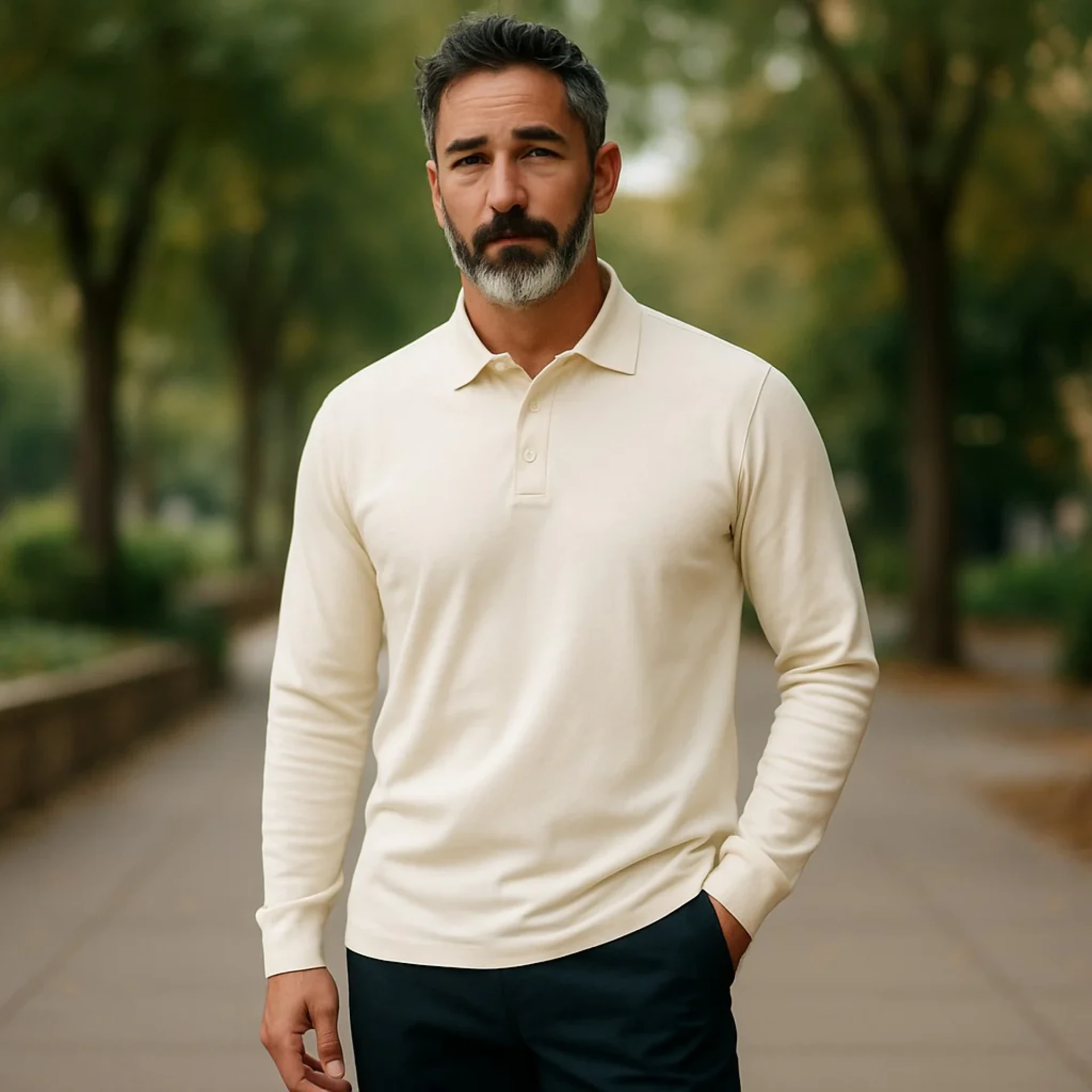 Coastal Cool: Merino Long Sleeve Polo Styled for Beachside Evenings