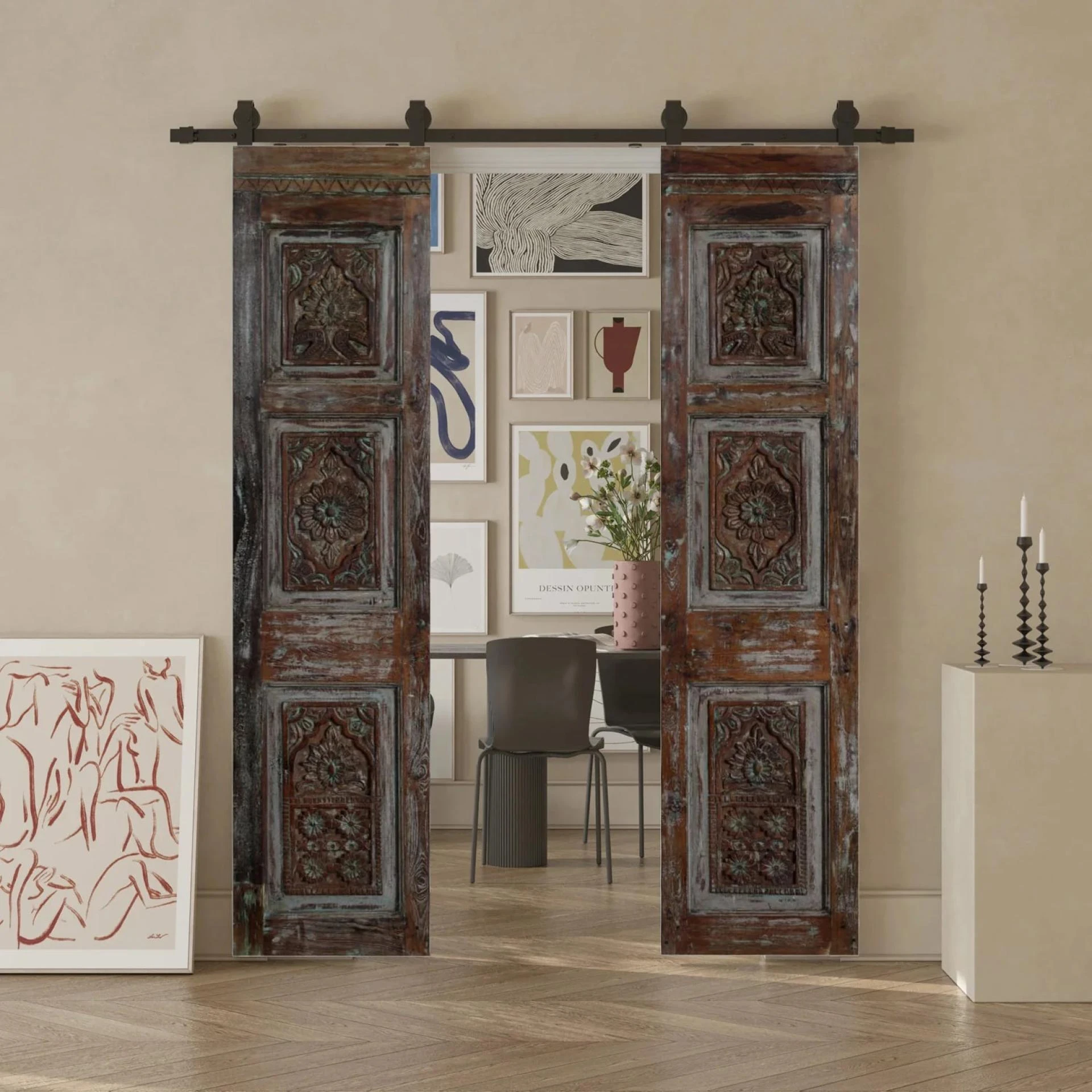Fall rustic farmhouse décor with vintage doors and earthy woods