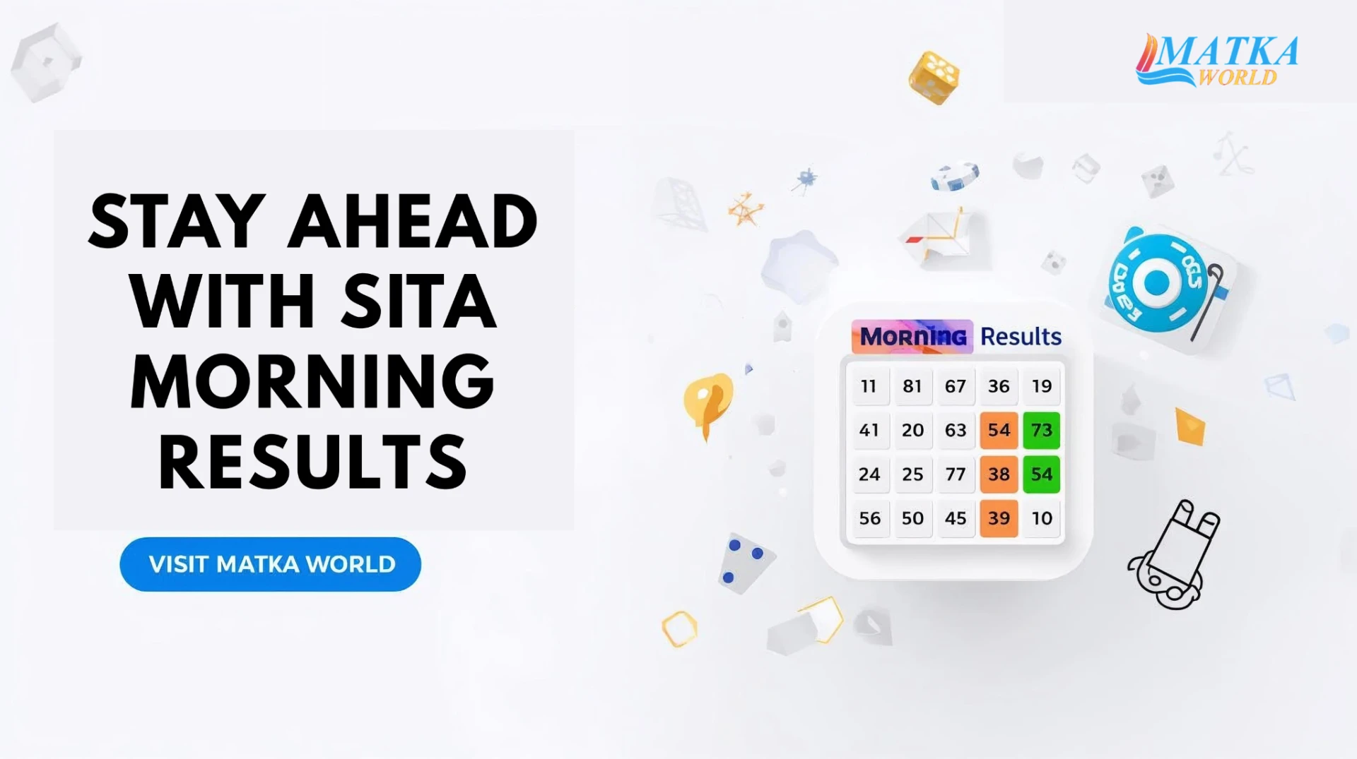 Sita Morning results chart with numbers 50, 41, 67, 124, 346, and 56, featuring Matka game elements like cards, dice, and a wheel on a white background