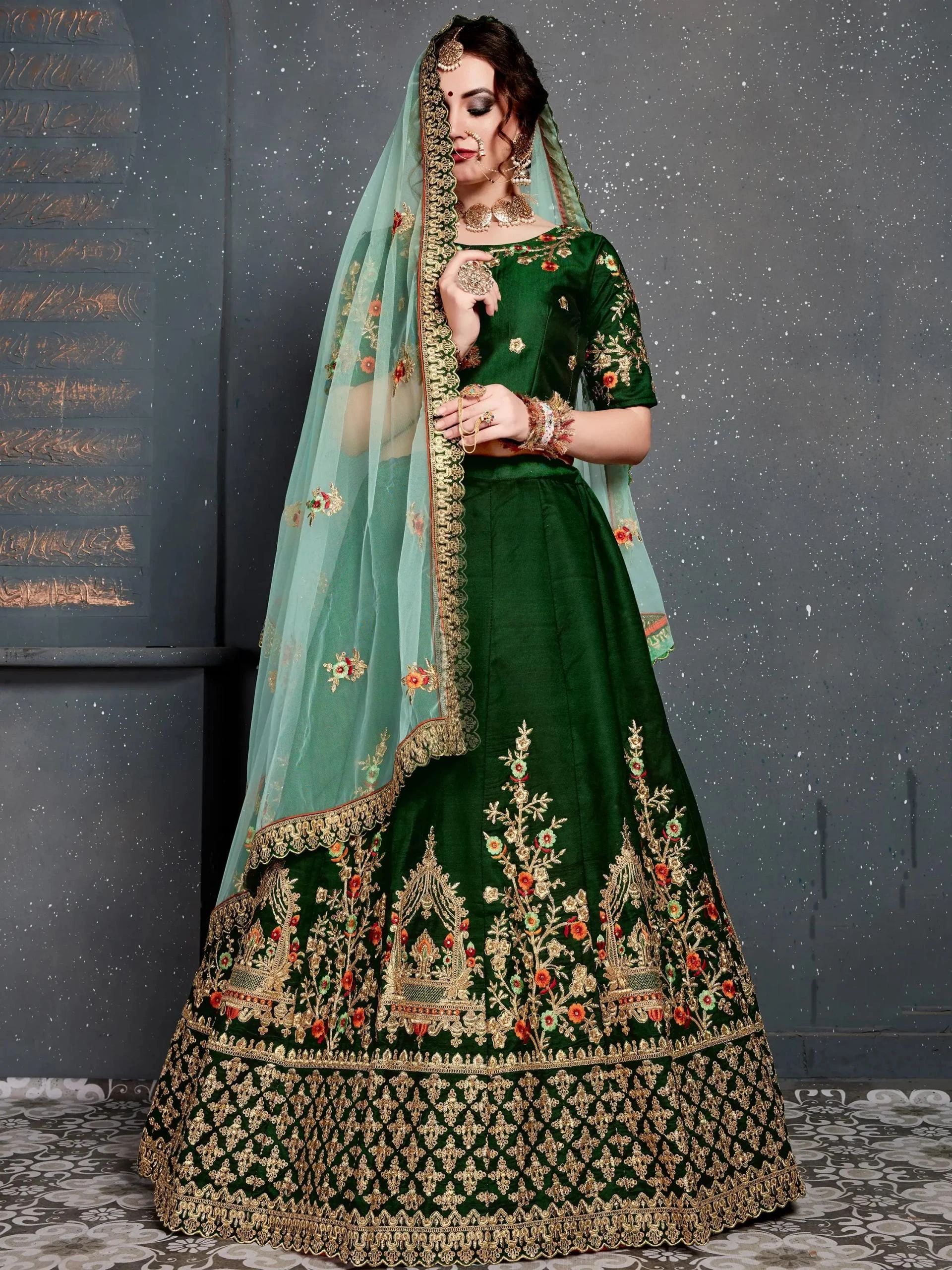 Stunning Dark Green Lehenga & Black Saree for Party Wear