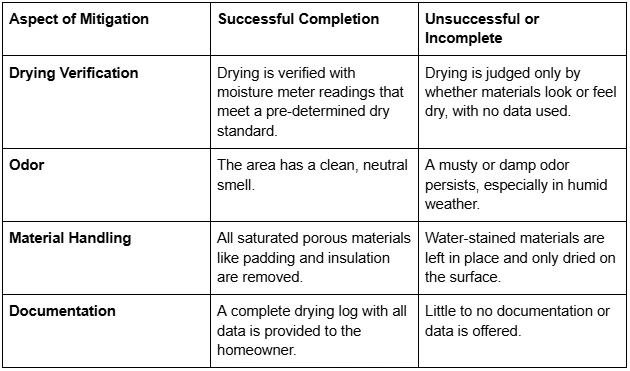 How can you tell if a water mitigation service has been completed successfully?