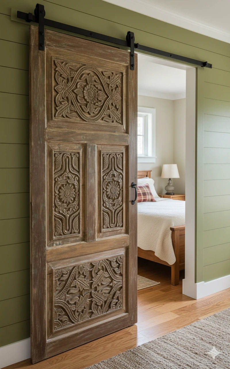 Antique Carved Barn Doors into a Spanish-Style Farmhouse