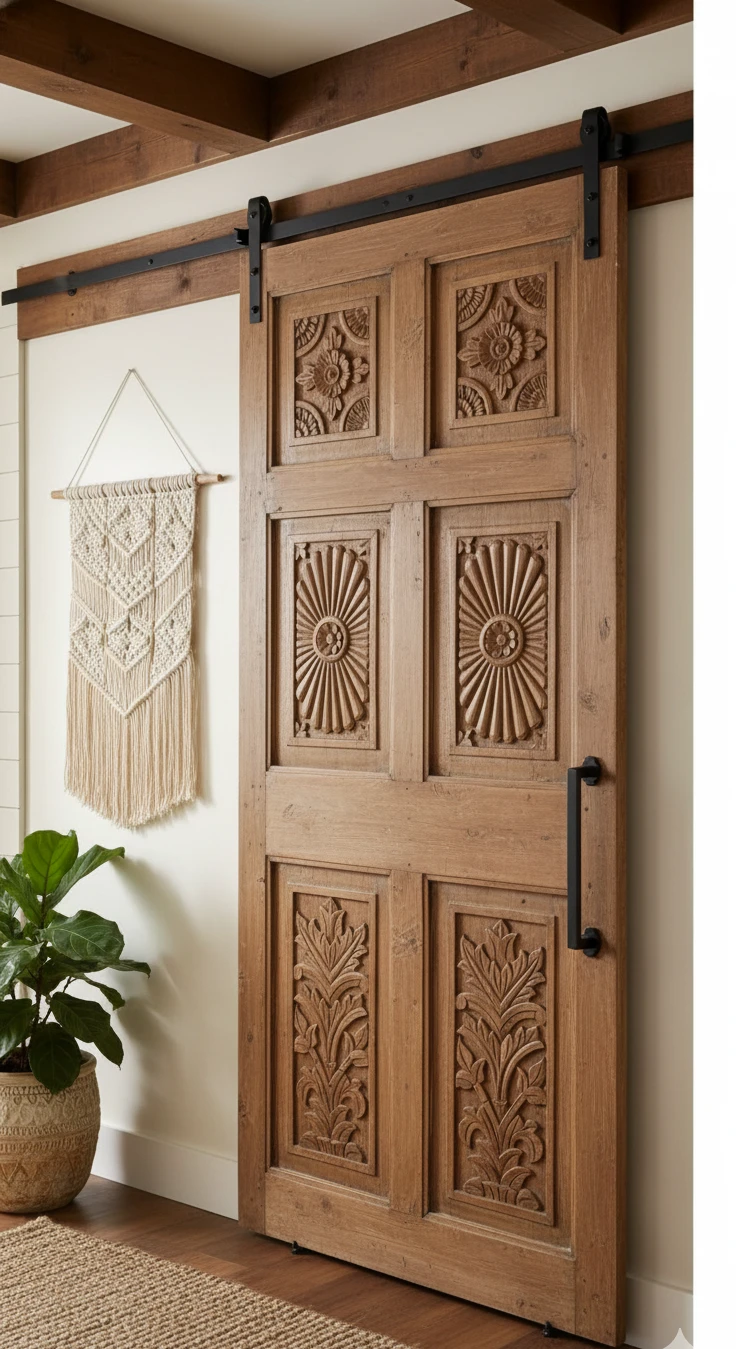 Antique Carved Barn Doors into a Spanish-Style Farmhouse