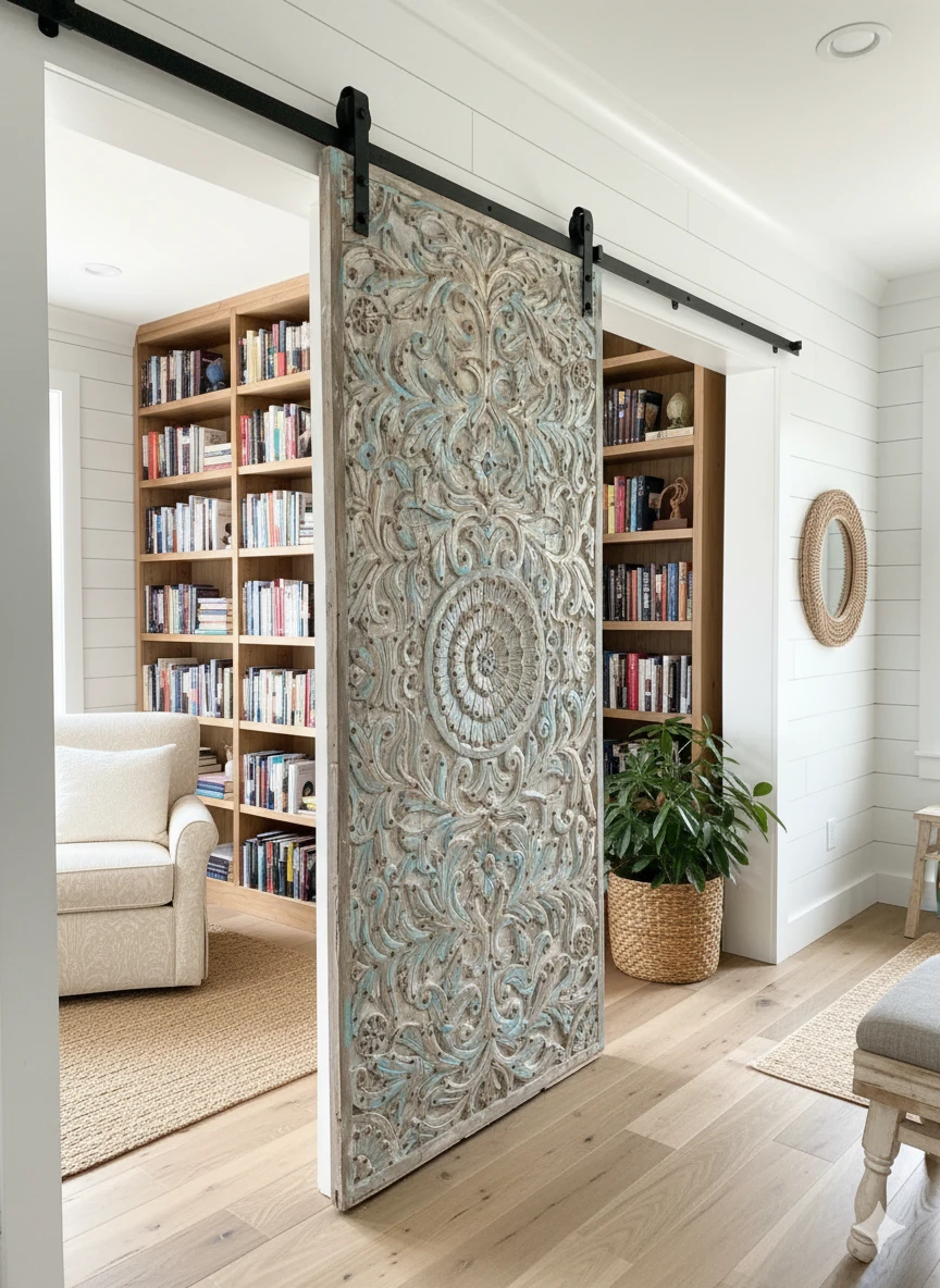 Antique Carved Barn Doors into a Spanish-Style Farmhouse