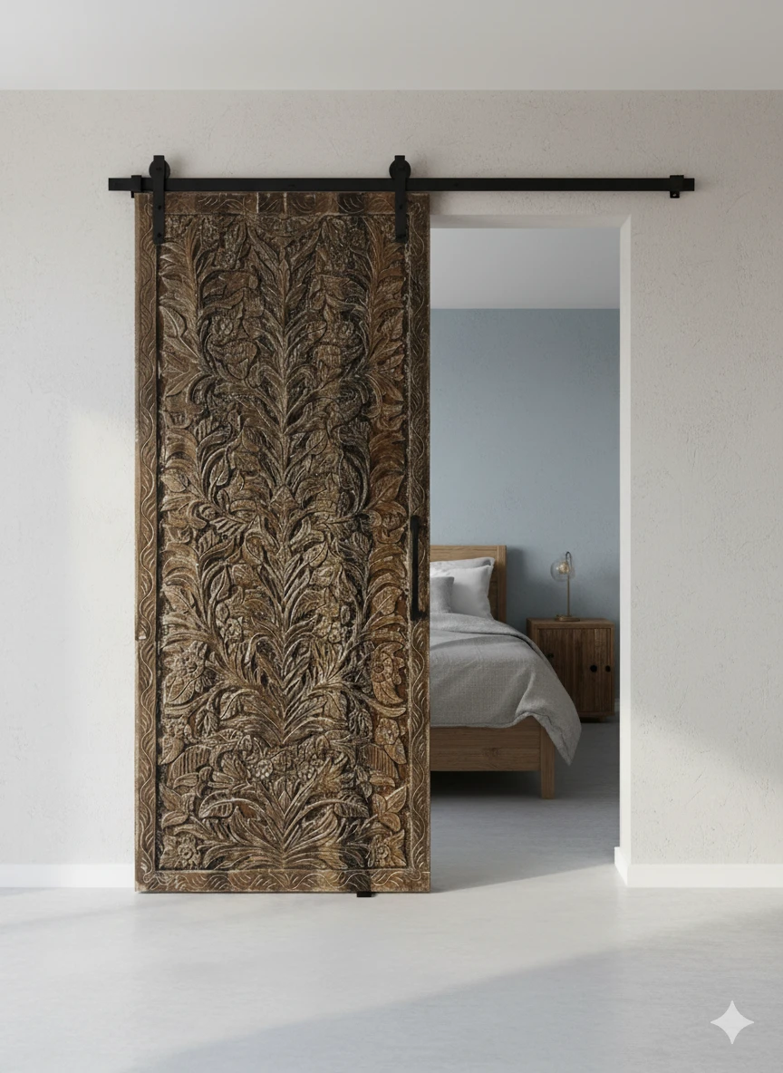 Antique Carved Barn Doors into a Spanish-Style Farmhouse