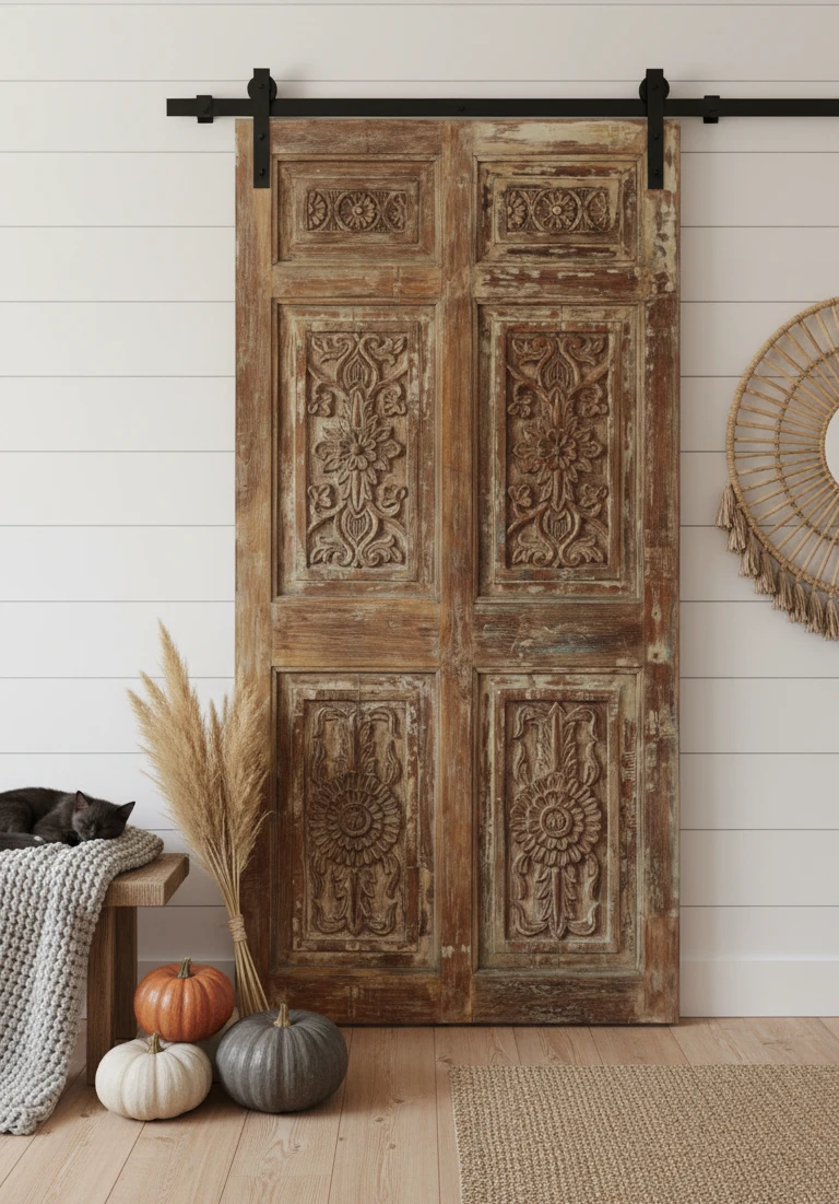 Antique Carved Barn Doors into a Spanish-Style Farmhouse