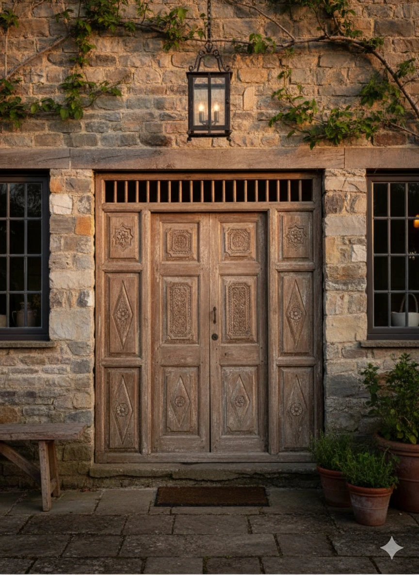 A Vintage Thanksgiving Home with Carved Furniture and Reclaimed Doors
