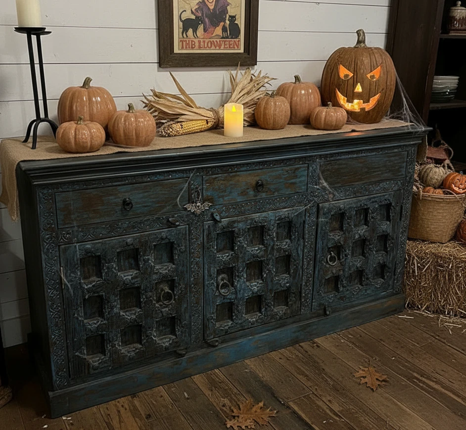 A Vintage Thanksgiving Home with Carved Furniture and Reclaimed Doors
