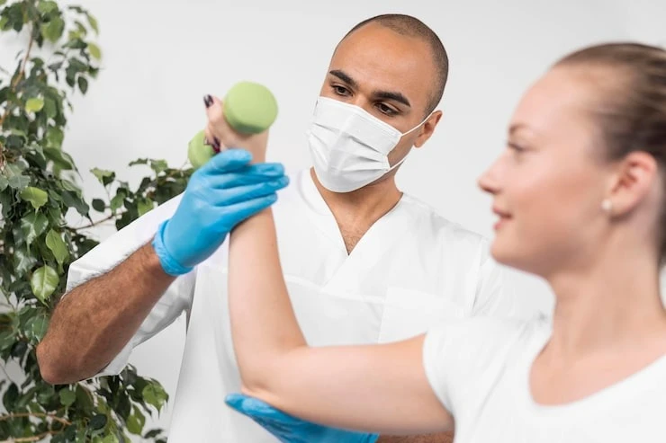 male physiotherapist with medical mask checking woman's strength