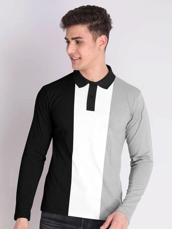 Hoodler Men Polo Neck Full Sleeve Colorblock Cotton Blend T shirt