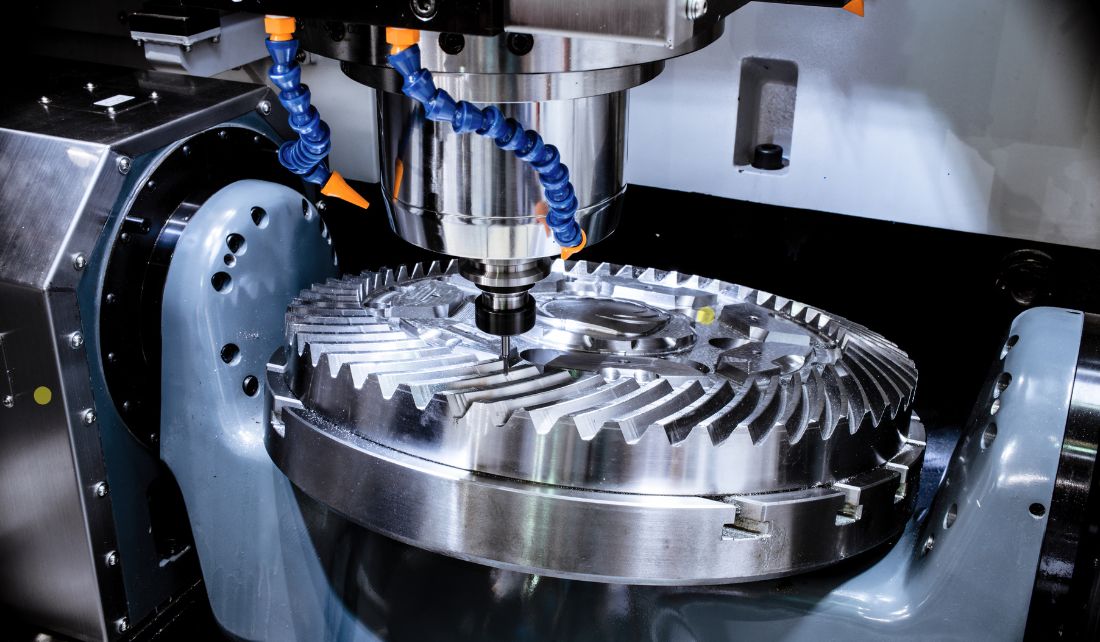 CNC machining process producing a precision-engineered metal component for industrial and manufacturing applications.