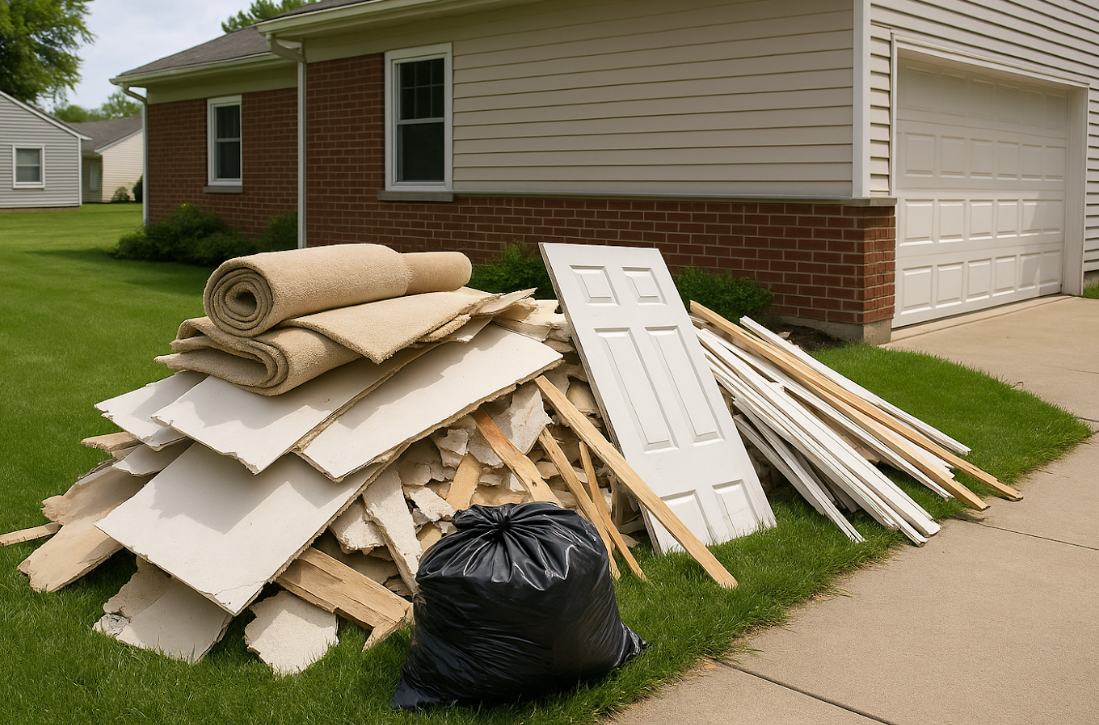 Drywall sheets, wood boards, carpet rolls, and trash bags stacked beside a residential home ready for pickup by AMG Junk Removal.