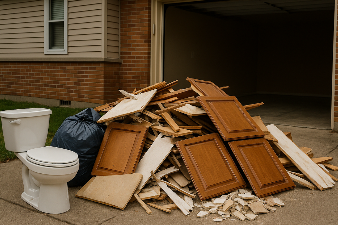  Toilet, broken wood panels, cabinet doors, and debris piled outside a garage, ready for cleanup by AMG.