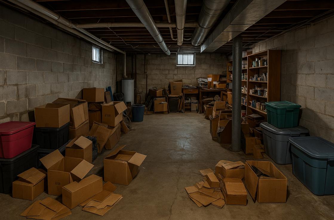 Partially cleared basement with boxes organized for removal during a residential cleanout in Cleveland by AMG