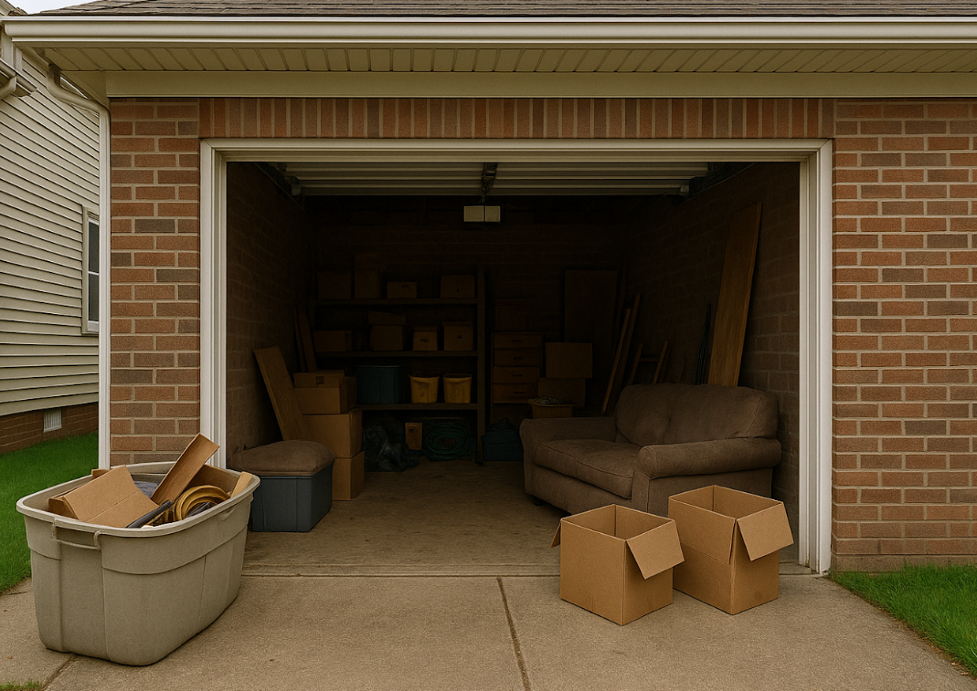  Partially cleared residential garage with boxes and furniture remaining during a hoarder cleanout by AMG.