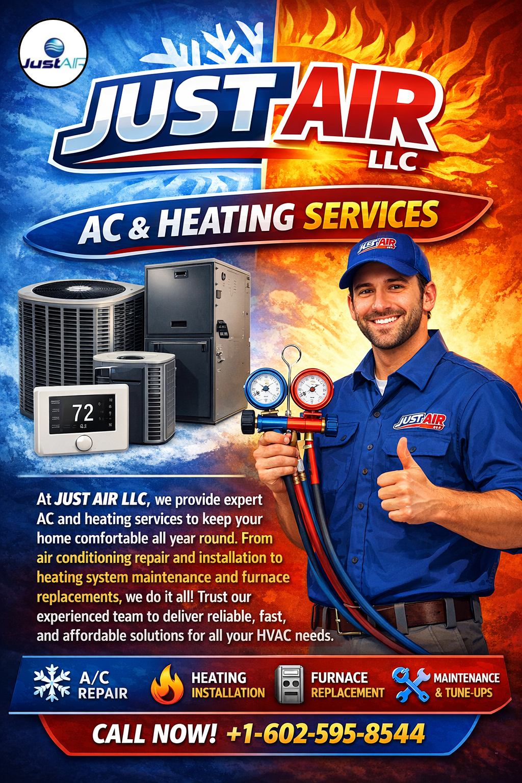 Just Air LLC is a full-service heating and air conditioning business dedicated to the satisfaction and comfort of our clients. We have been servicing Arizona since 2006. You may see that we enjoy providing excellent customer service by reading our internet reviews. 