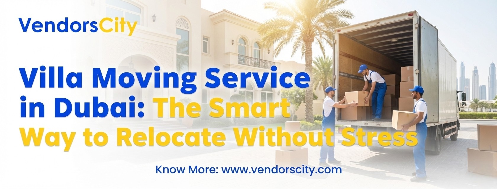 Villa moving service in Dubai by Vendorscity showing professional villa movers and packers unloading boxes from a truck outside a luxury villa