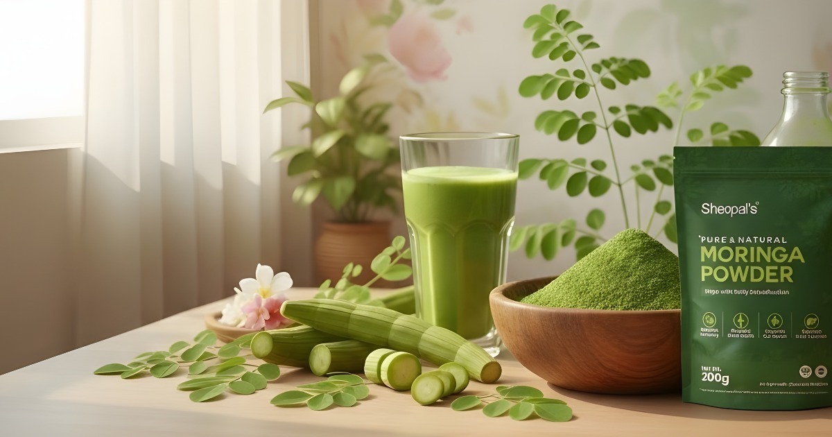 moringa powder with fresh moringa leaves, drumsticks, and health products