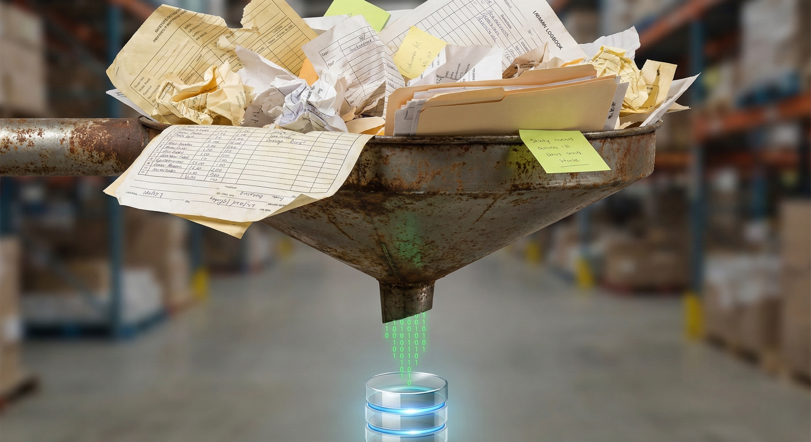 A visual metaphor showing a large metal funnel overflowing with disorganized paper forms and logbooks, with only a tiny trickle of binary digital code emerging from the narrow bottom into a database icon.