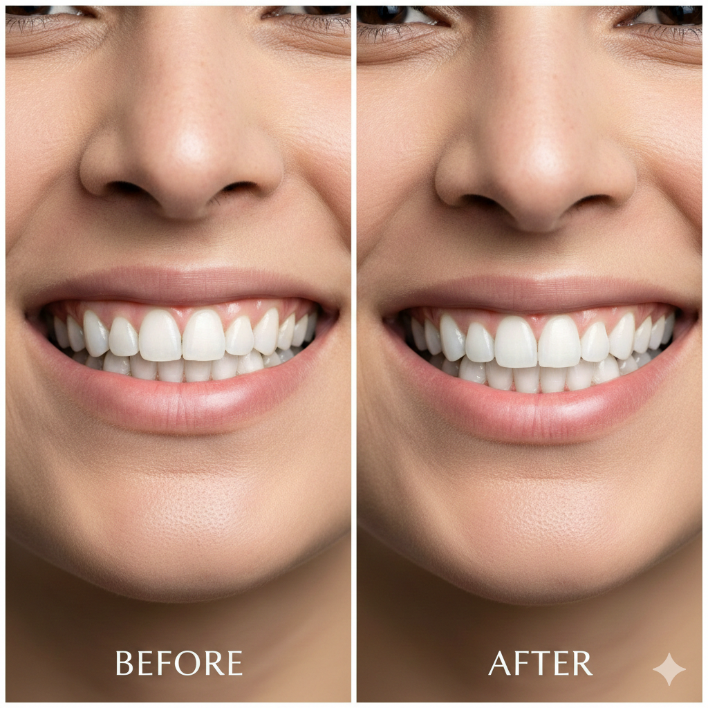 Before and after comparison of a Hollywood smile makeover featuring bright white zirconium crowns and perfectly aligned teeth.