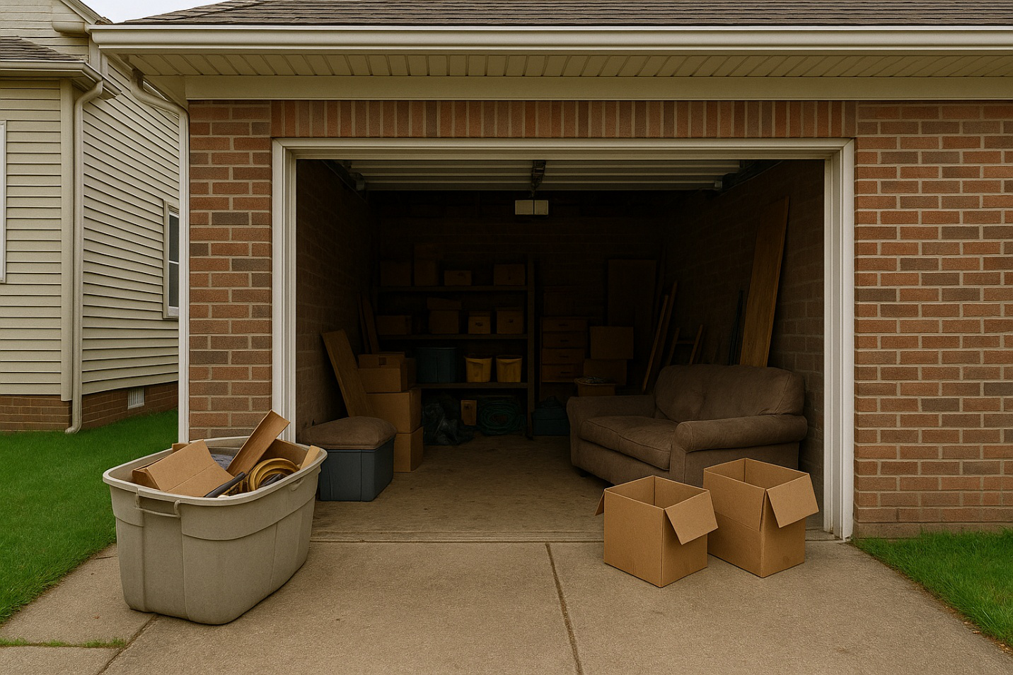 Suburban Cleveland garage with boxes and storage bins being sorted for a weekend reset by AMG