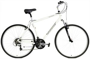 Upright hybrid bike with comfort geometry.
