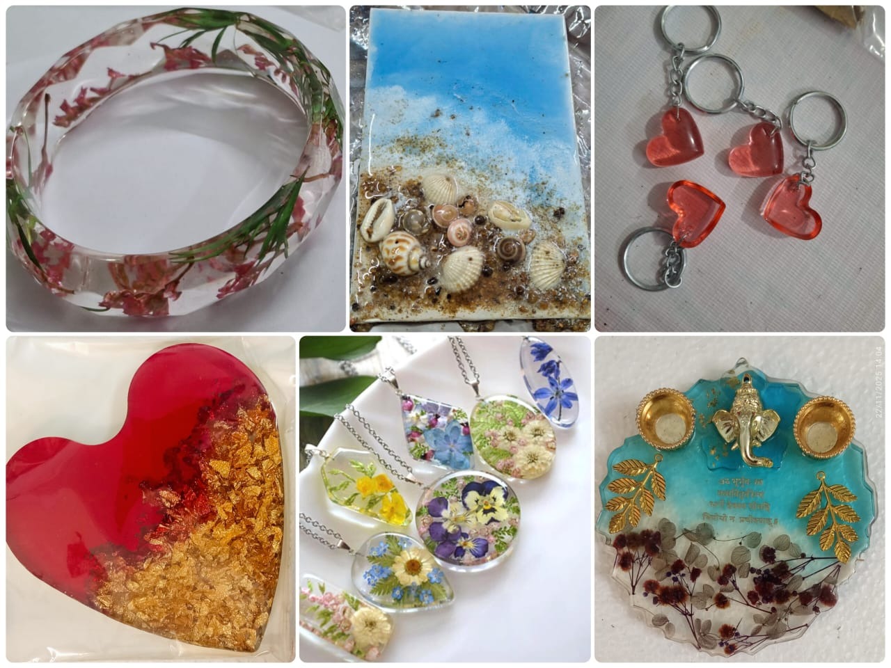 Resin art items: floral bracelet, ocean coaster, keychains, pendants, Ganesha tray