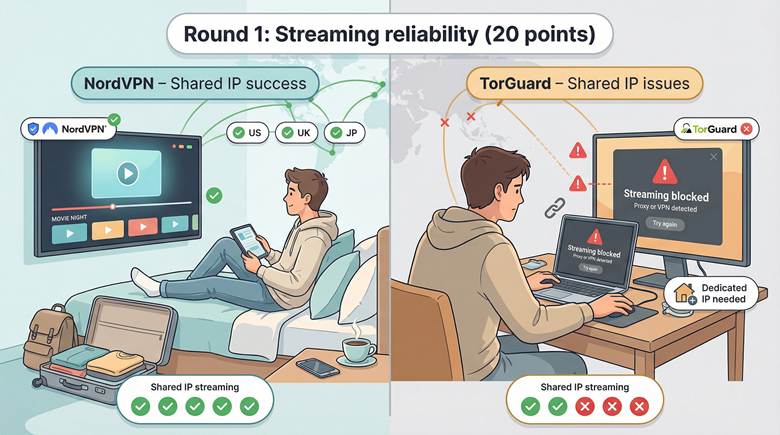 Streaming is the primary decision factor for many readers; a visual contrasting smooth travel streaming with proxy errors quickly conveys why NordVPN wins this round and why TorGuard often needs a dedicated IP.