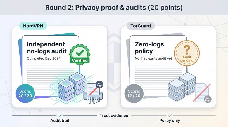 This round hinges on the difference between independently audited no-logs claims and unaudited promises; a conceptual image with an audit certificate for NordVPN versus a generic policy for TorGuard clarifies that trust gap visually.