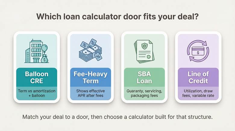 Visualizes the four main calculator paths (balloon CRE, fee-heavy term, SBA, revolving LOC) so readers can scan and choose a tool type in seconds.