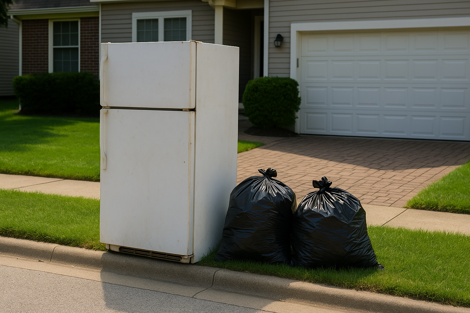 Old refrigerator and trash bags placed curbside during a structured home cleanout by AMG.