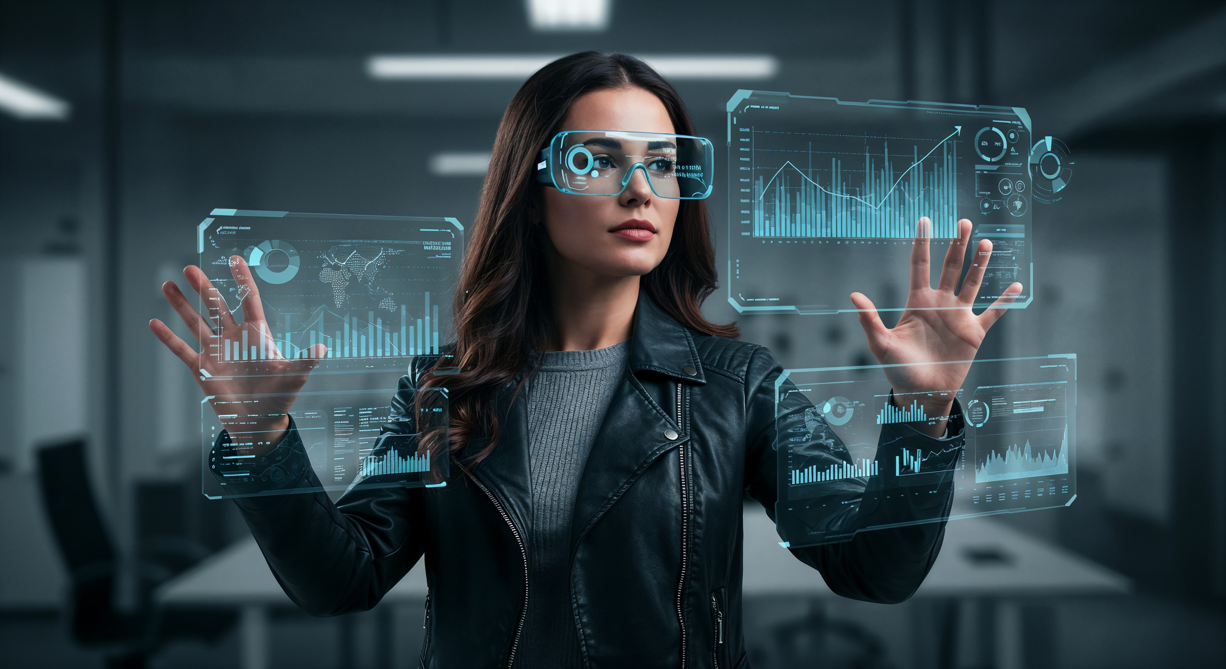 Woman interacting with futuristic data analytics dashboards and virtual visualization screens